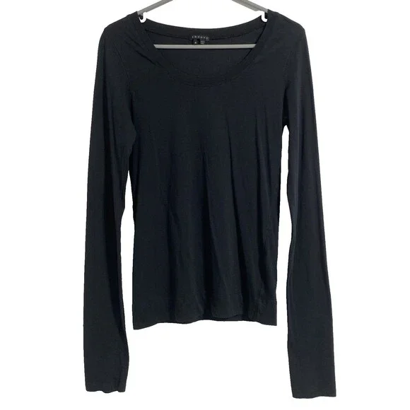 Theory Shirt Women's M Black Long Sleeve Round Neck Tee Black Cotton Blend Basic - Picture 1 of 5
